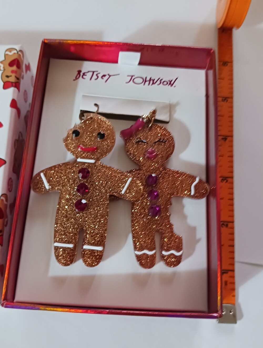 NWT Betsey Johnson Gingerbread Couple Earrings, Pierced Dangle Holiday Style